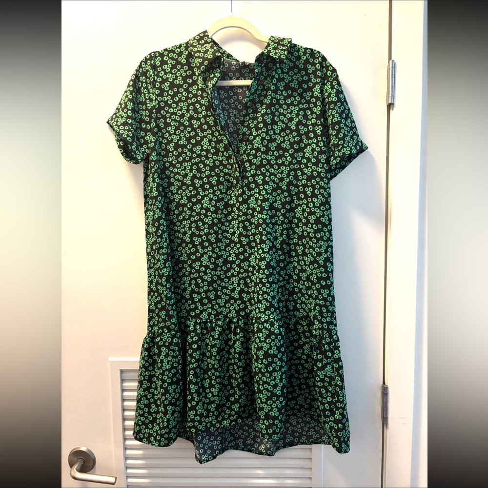Green Floral Short Sleeve Collared Dress
